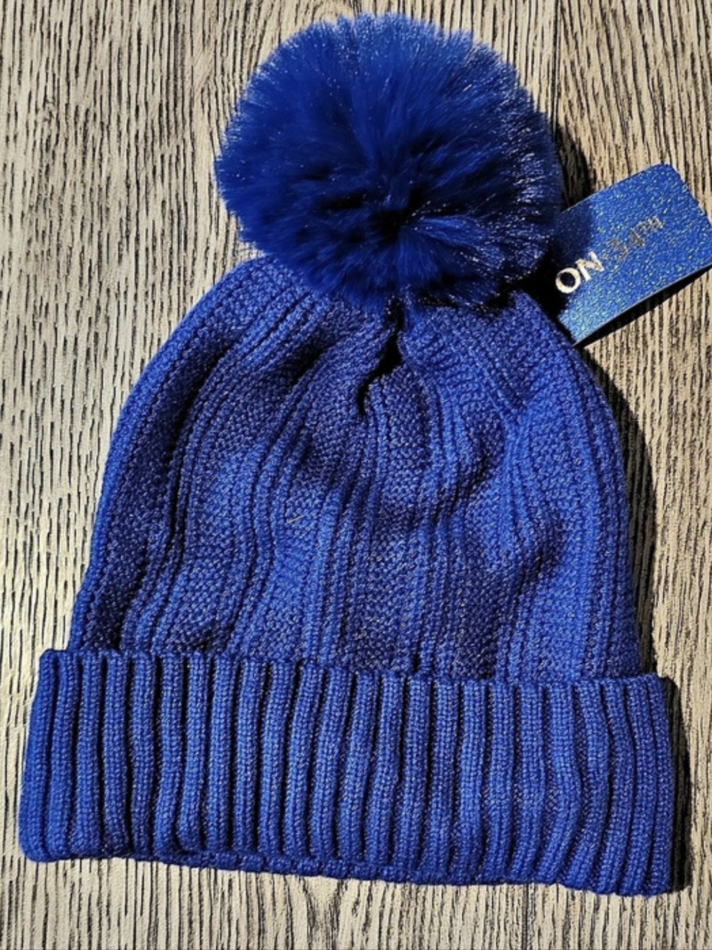 ON·34TH Pom Knit Beanie in Blue NWT